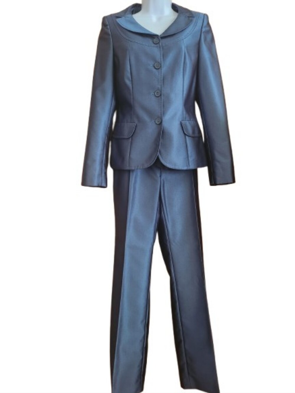 Satin-Look Metallic Blue Set Button Front Jacket and Pants Size XSP